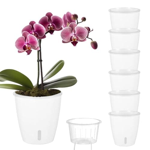 KvyusFlourish Self Watering Pots for Indoor Plants, 6-Pack 5'' Self Watering Planter with Drainage Holes, Small African Violet Pots with Water Indicator, Clear Wick Orchid Pot, White
