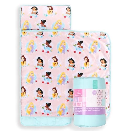 Jay Franco Kids Nap Mat Cartoon Embedded Pillow Blanket Soft 46x20Microfiber Sleeping Bag with Name Tag Handle for School Travel Sleepover Pink Disney Princess