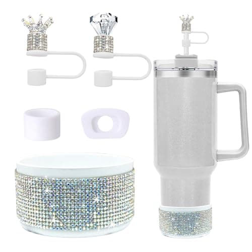 JIASHEBDE Crown & Diamond Rhinestone Accessories Set for Stanley Cup Bling Straw Covers, Spill Proof Stoppers, Glitter Silicone Boot for Stanley Quencher H2.0 40oz/30oz Tumbler (White)