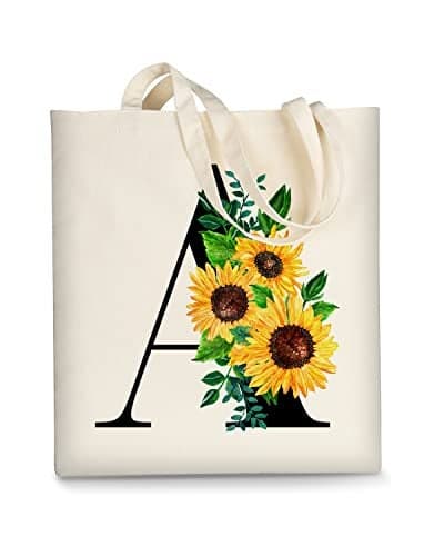 AUSVKAI Canvas Tote Bag Aesthetic for Women, Cute Sunflower Initial Trendy Monogram Personalized Initial Birthday Reusable Cloth Cotton Bags with Handle for Grocery College Shopping Beach
