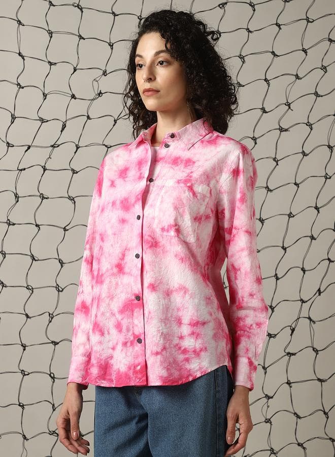 Women Relaxed Spread Collar Dyed Cotton Oversized Casual Shirt