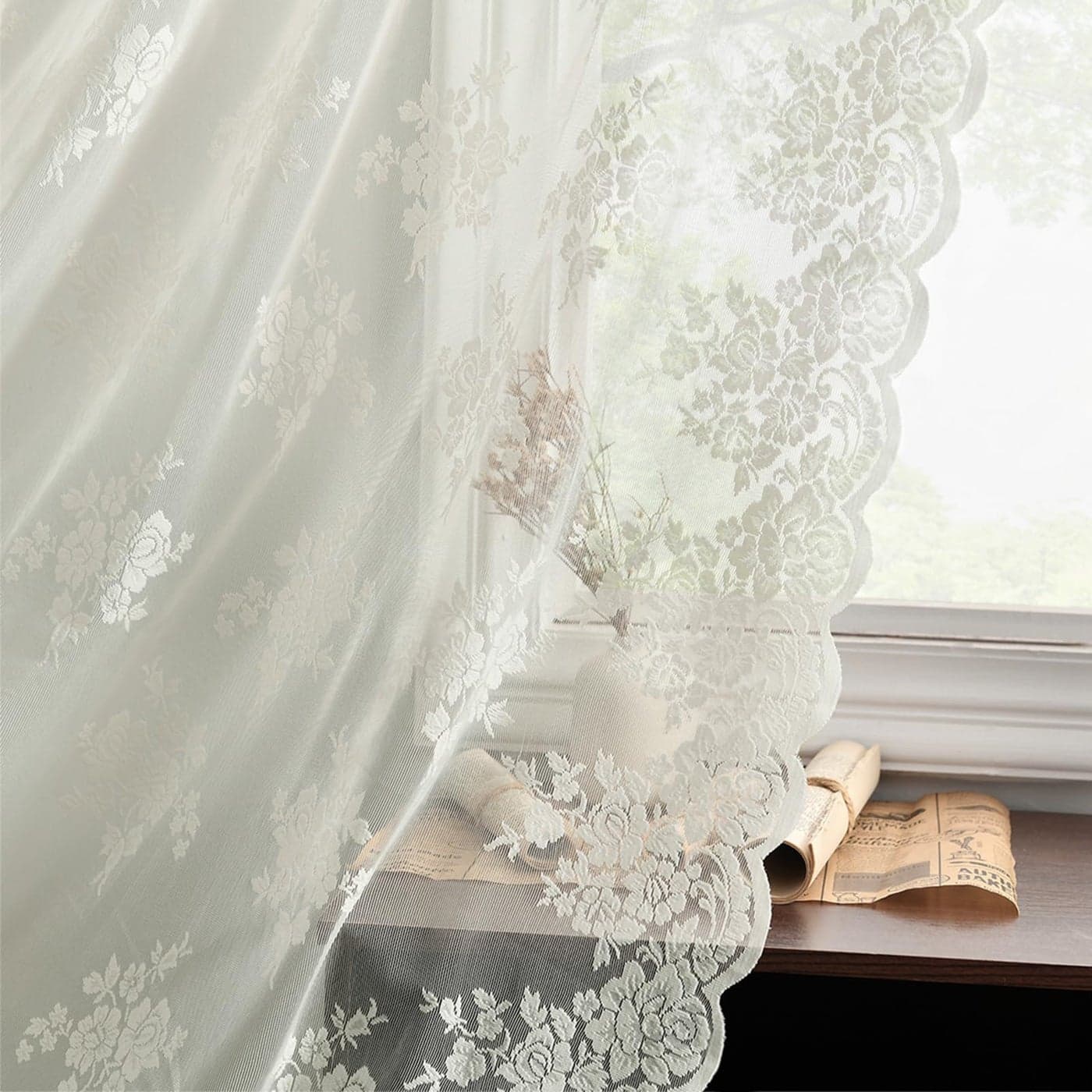 Kotile Ivory Lace Curtains for Bedrooom Country Rusitc Floral Patterned Vintage Sheer Lace Curtains 72 Inch Length Scalloped Privacy Sheer Window Curtain 52 x 72 Inch 2 Panels