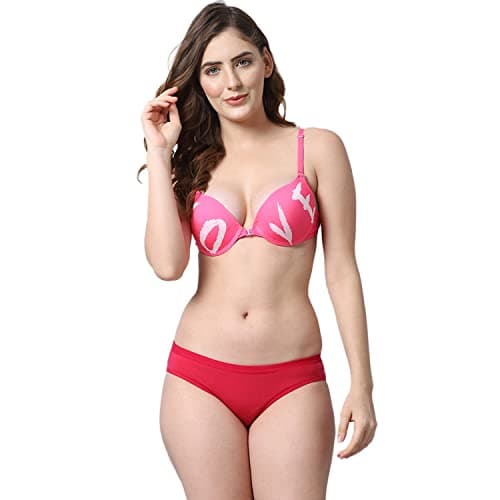 Quttos Prettycat Women Heavily Padded Front Open Push-Up Bra Bikini Panty Set, Pink, 34B