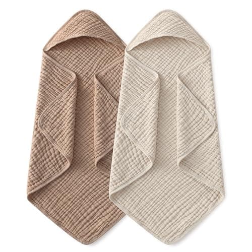 Yoofoss Hooded Baby Towels for Newborn 2 Pack 100 Muslin Organic Cotton Baby Bath Towel with Hood for Babies Infant Toddler and Kids 375x375 Soft and Absorbent Newborn Essential BeigeCoffee