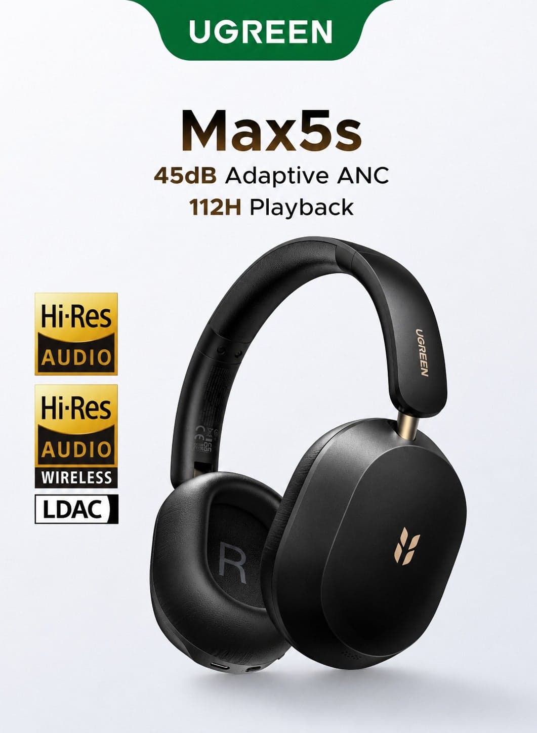Max 5S Wireless Bluetooth Over-Ear Headphones with Hybrid Adaptive ANC -45dB, Hi-Res Audio, LDAC, 112 Hours Playtime, 5-Mic AI Call Noise Reduction, Bluetooth 6.0, Fast Charging, Dual Device Connection for Travel, Office & Daily Use Black