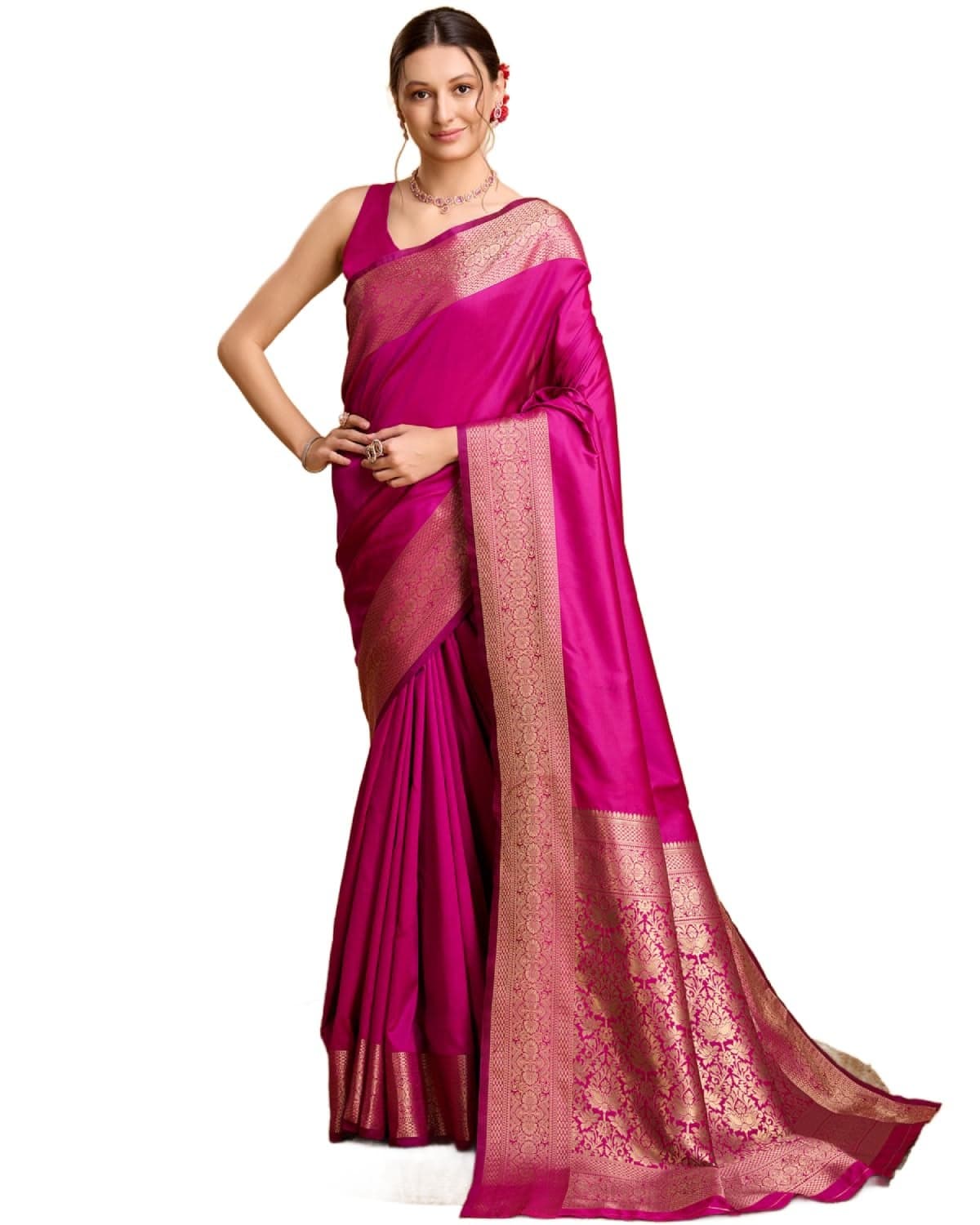 SWORNOF Womens Kanjivaram sarees for women Kanchipuram saree With Boluse Piece (DARK PINK)