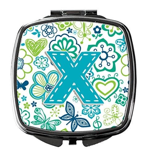 Caroline's Treasures Letter X Flowers and Butterflies Teal Blue Compact Mirror