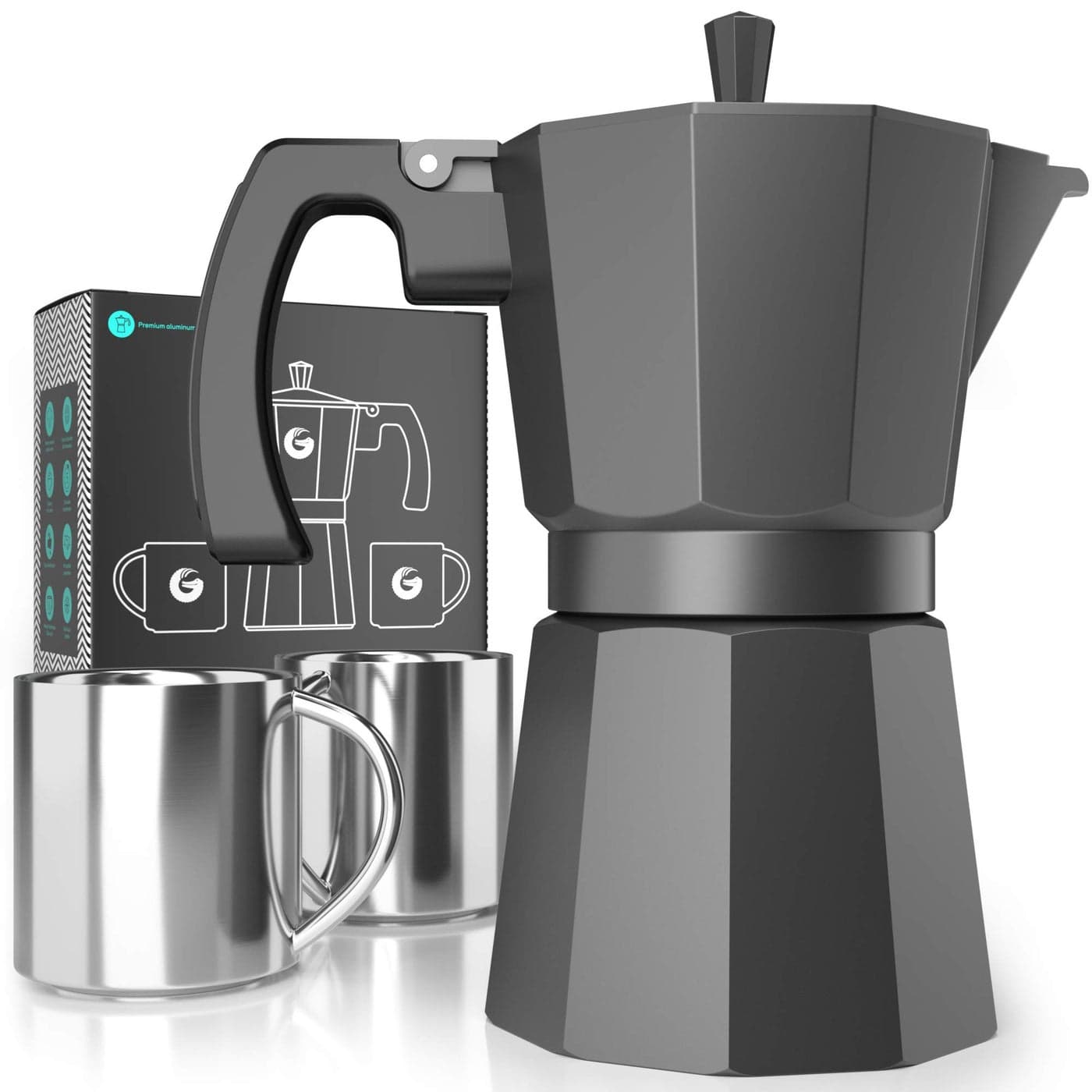 Coffee Gator Moka Pot - 6 Cup, 12 Oz Stovetop Espresso Maker - Classic Italian and Cuban Coffee Percolator w/ 2 Stainless-Steel Cups – Matte Grey Aluminum, 360ml