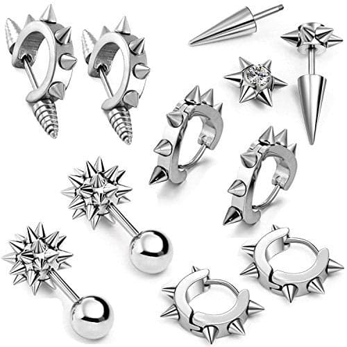 Aroncent 10PCS Spike Earrings Stainless Steel Punk Gothic Earrings for Men Women Hoop Huggies Piercing Earrings Rivet Cone Fake Taper Earrings