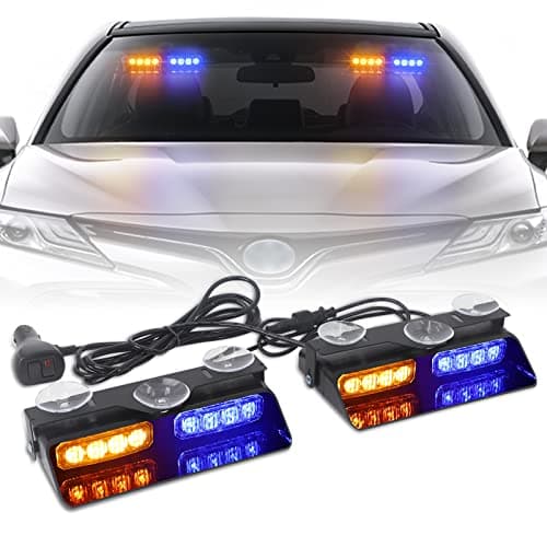 XRIDONSEN 2 in 1 Dash Emergency Strobe Lights Front/Rear Amber Blue Windshield Lights Warning Safety Flashing w/Suction Cups for Volunteer Vehicles, Trucks(Amber/Blue