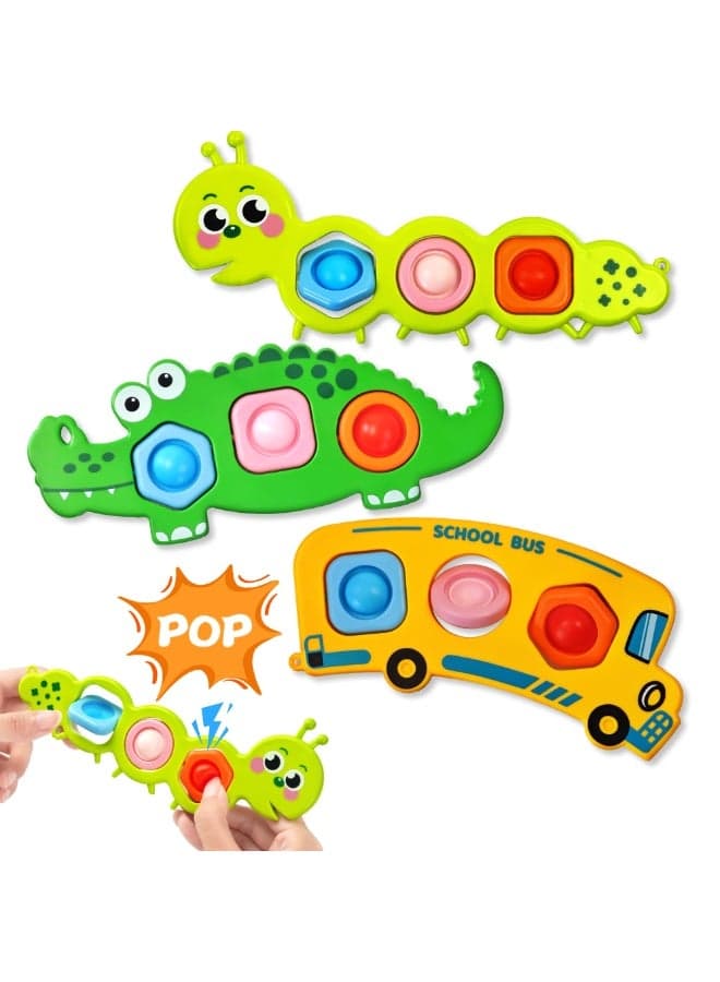 3PCS Fidget Popper Sensory Toys, Airplane Travel Activities for Toddlers Goodie Bags, Crocodile Caterpillar School Bus Baby Finger Popper Stress Relief Toy, Pop It Fidget Toys for 12+ Month Babies 1 2 3 Year Old Girls Boys Valentine Gift Easter Basket Stuffer Gift