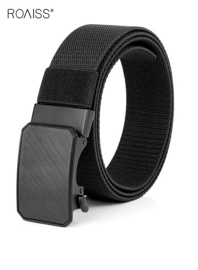 Men's Tactical Quick-Release Buckle Belt Features Nylon Braided Elastic Construction Leather Accents for Style Adjustable and Durable for Work Pants Everyday Wear Black