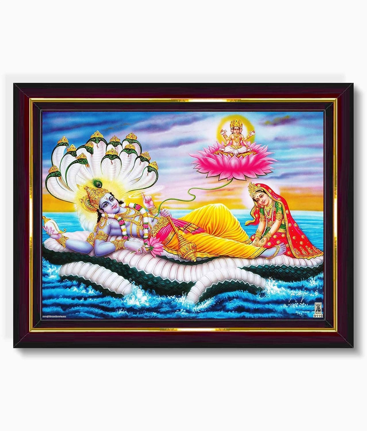Pavan Photo Laminations Lord Vishnu Dev Lakshmi Devi Laxmi Narayan Wall Painting Framed Home Decor WoodMatteBrownBig Size10 x 12 Inch B1590M