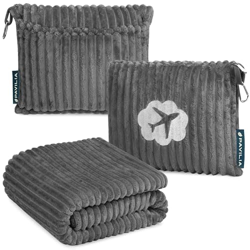 PAVILIA Travel Blanket and Pillow Soft Ribbed Fleece Airplane Blanket with Bag 65x40 Compact Packable Plane Throw with Luggage Strap and Back Pocket Cozy Flight Essentials Travel Camping Gift Gray