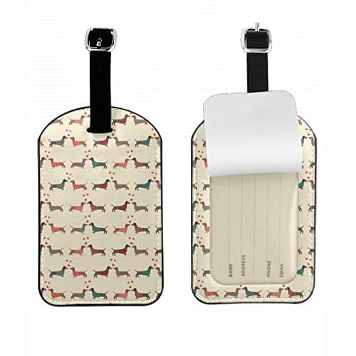 Zoczos Dressed Dachshunds Leather Travel Bag Labels Couple of Dogs with Red Hearts Romantic Luggage Tags for Men Women, Suitcase Baggage Bag Tag ID Tags with Full Back Privacy Cover, 1 Pack