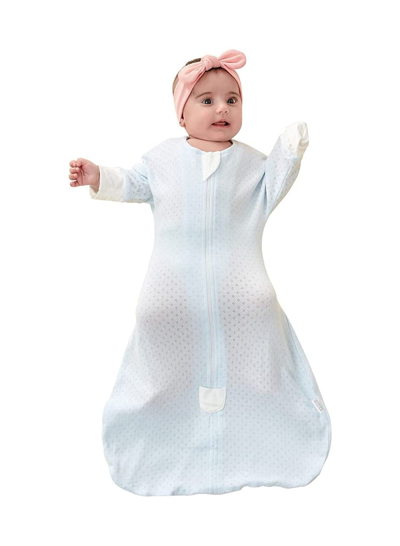 Baby Cotton Sleeping Bag Half-Long Sleeve Baby Mesh Sleep Sack Wearable Blanket with Hollowed Breathable Dots for Newborn Light Blue