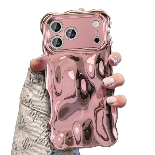 UEEBAI Ripple Case for iPhone 17 Pro Max, Cute Silver Cover Wave Shape for iPhone Case Pretty Aesthetic 3D Phone Cover, Water Ripple Shell 3D Chrome Design for Women and Girl, Rose Gold