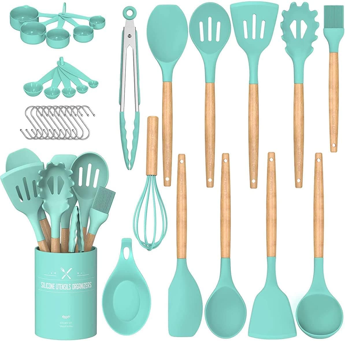 Umite Chef Kitchen Cooking Utensils Set 24 pcs Nonstick Silicone Cooking Kitchen Utensils Spatula Set with Holder Wooden Handle Heat Resistant Silicone Kitchen Gadgets Utensil Set Green