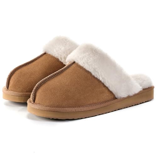 OOW Fuzzy Slippers for Women Cozy Faux Fur House Shoes Winter Warm Memory Foam Slippers for Indoor and Outdoor Chestnut Size 5