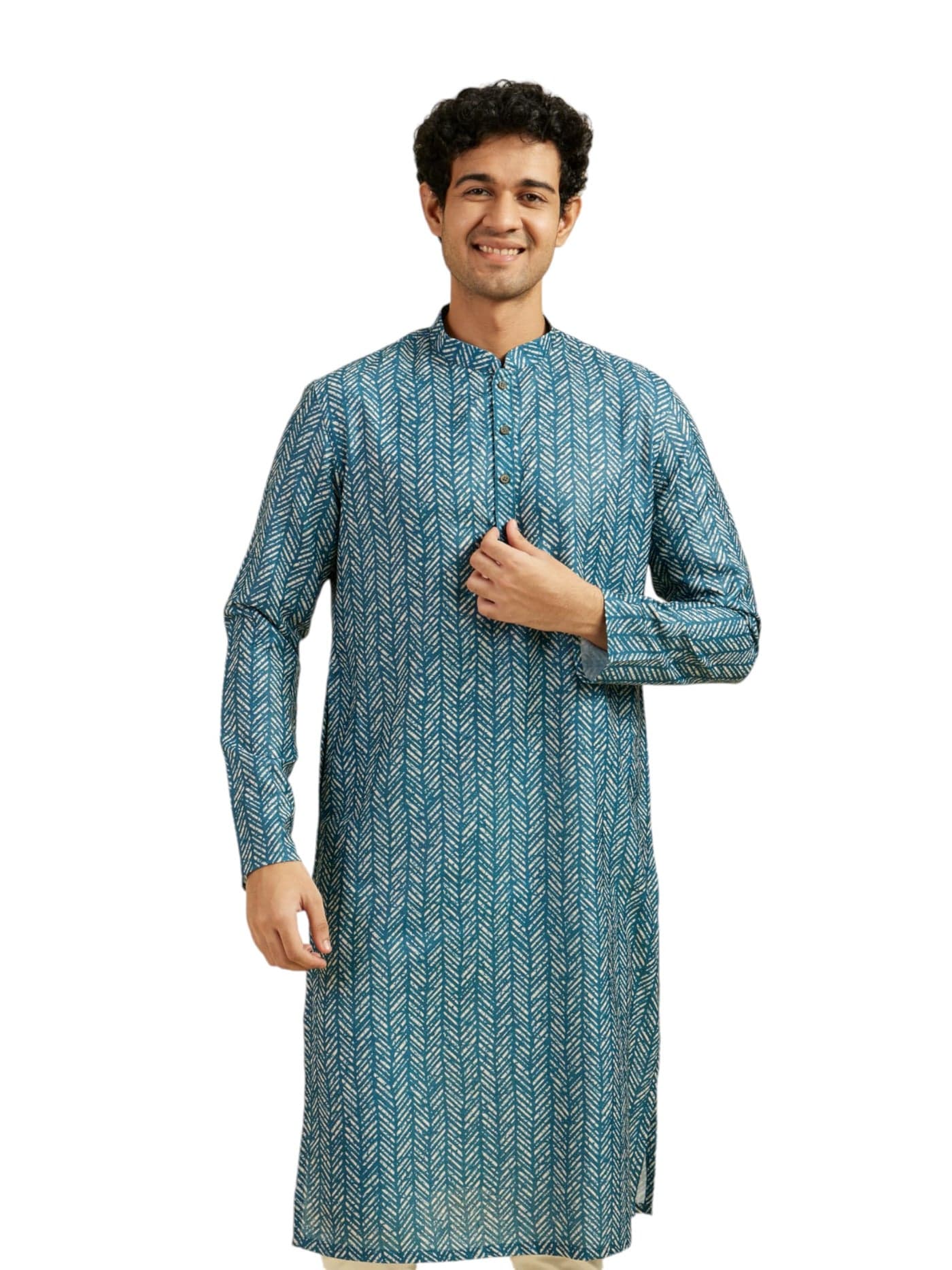 DIWAS BY MANYAVAR Men's Cotton Blend Printed Kurta (Green,L)