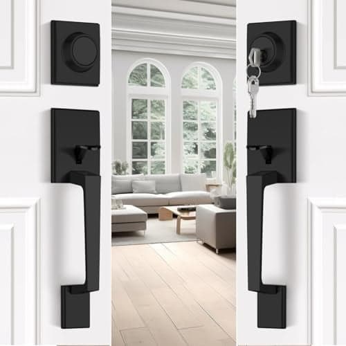 EHOMEWARE Black Double Front Door Lock Set Matte Black Double Door Handle Set Exterior Door Handle with Deadbolt and Dummy Heavy Duty Front Door Hardware Reversible Door Lever for LeftRight Doors