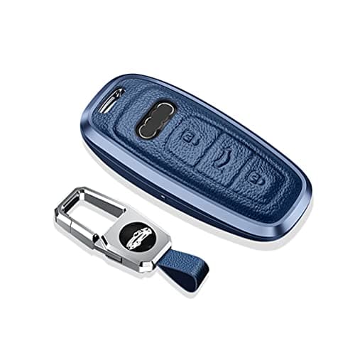 SANRILY Keyless Blue Key Fob Cover for Audi A6 A7 A8 2020 2021 E-tron Q8 Q7 Metal Leather Key Protector Case Shell with Keychain