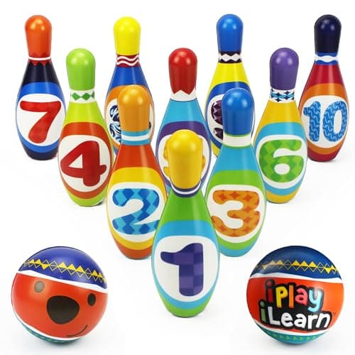 iPlay iLearn Kids Bowling Toys Set Toddler Indoor Outdoor Activity Play Game Soft 10 Foam Pins Two Balls Playset Educational Birthday Party Gift for 18 24 Months 2 3 Year Old Children Boy Girl