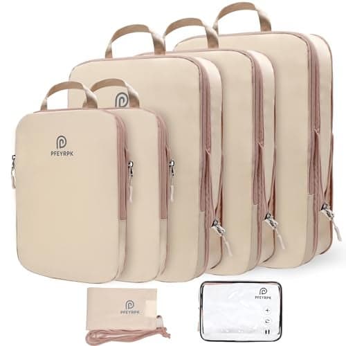 PFEYRPK Compression Packing Cubes for Suitcases,7 Set Travel Packing Cubes for travel,Expandable Organizers Bag Set & Travel Cubes for Luggage,Lightweight Durable Packing Organizers Khaki.