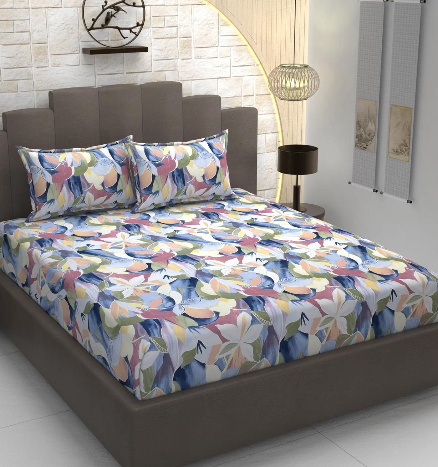 TIB Glace Cotton Elastic Fitted Bedsheets Double Bed 72x78x8 Inches with 2 Pillow Covers, 210TC (Blue Flower)