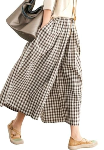 Leyoutx Women's Cotton Linen Wide Leg Culottes Pants Elastic Waist Plaid Gingham Capri Palazzo Pants (Medium, Coffee Brown)