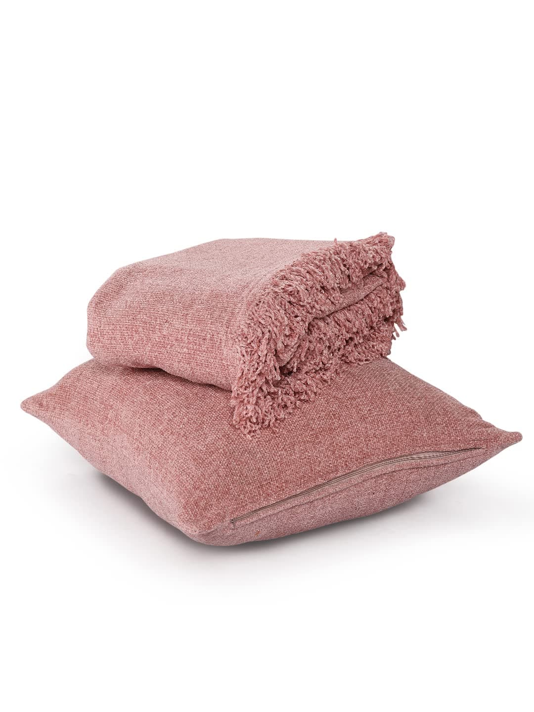 SASHAA World Solid Soft Chenille Throw Blanket for Sofa, Bed & Couch with Cushion Cover Set|Rose Pink Throw & Cushion Cover|Throw-130X180 Cm, Cushion-45X45 Cm, Wrinkle Resistant