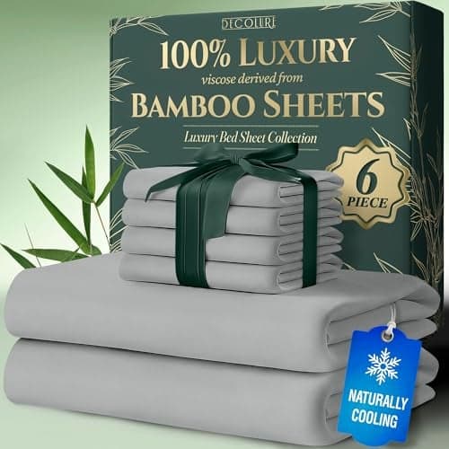 DECOLURE 100% Viscose Derived from Bamboo Sheets Queen Size 6pcs - Ultra Soft & Luxuriously Cooling, 17" Deep Pocket, Double Stitching, Perfect for Hot Sleepers - Queen Bed Sheets (Light Grey)