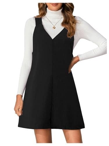 Milumia Women V Neck Corduroy Overall Dress 2025 Fall Mini Pinafore Jumper Dress A Black Solid Medium