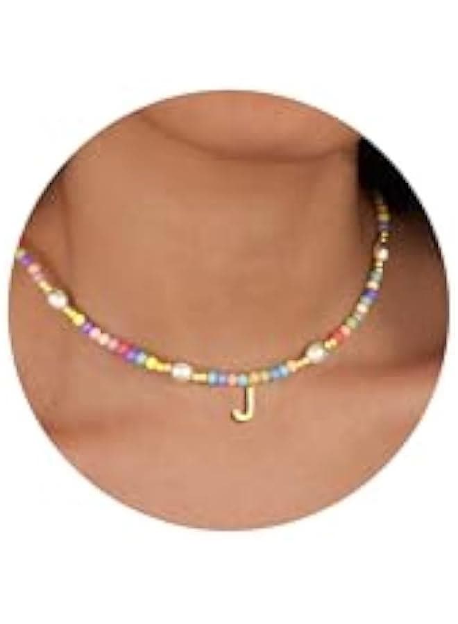 Cute Initial Necklaces for Girls Women Trendy Dainty Colorful Beaded Pearl Letter Choker Lockets Necklace for Kids Handmade 14K Gold Plated Birthday Jewelry Gifts for Teen Girls