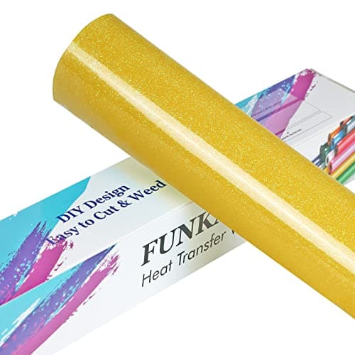 FUNKAKA Glitter Fluorescent Gold HTV Heat Transfer Vinyl Rolls 12 x 8ft PU Iron on Vinyl for TShirts Glitter HTV Vinyl for All Cutter Machines Easy to Cut Weed for DIY Design