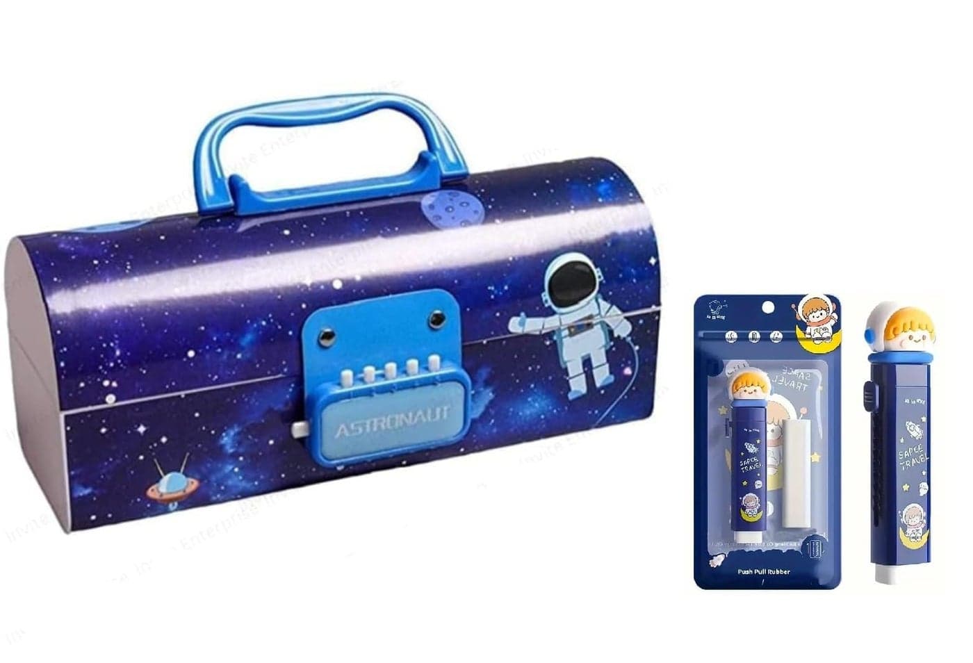 Invite New Cartoon Theme Pencil Box with Push Pull Eraser Set for Kids | Suitcase Style Password Lock Stationery Organizer | School Supplies Gift Combo for Boys & Girls (Space + Eraser)