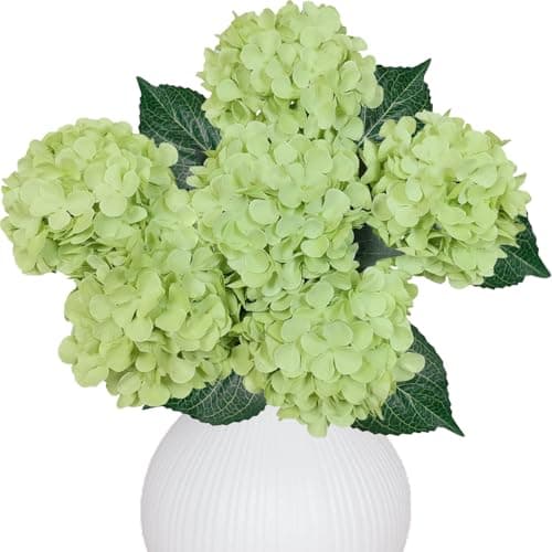 6PCS Premium Green Hydrangea Artificial Flowers Bouquets Silk Hydrangea Flowers Heads with Stems Fake Hydrangeas Flowers Arrangement Faux Hydrangea Decor for Home Wedding Party Table Centerpieces