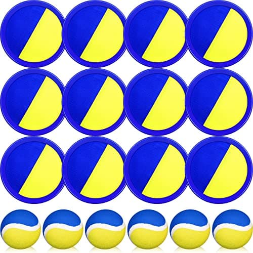 Charniol Kids Toys Toss and Catch Game Set Beach Game Outdoor Ball Sports Games Toss and Catch Ball Nylon Toys for Kids AdultsBlue Yellow12 Paddles 6 Balls