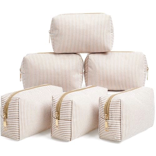 Sanwuta 6 Pcs Seersucker Cosmetic Bags Bulk Seersucker Makeup Bags Stripe Women Pouch Large Preppy Storage Pouch Toiletry Travel Organizer for Wedding Bridesmaid Bride Favor Mom Gift Khaki