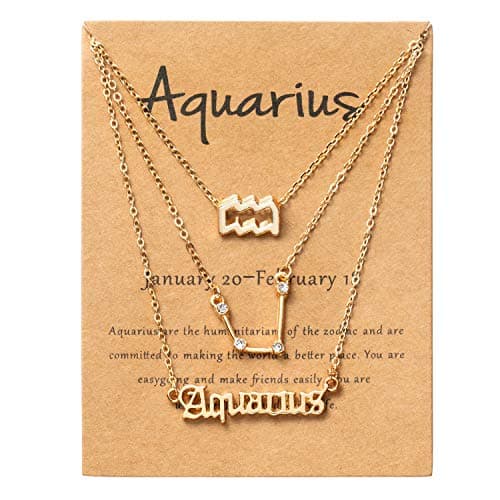 PANTIDE 3Pcs Aquarius Zodiac Layer Necklaces for Women Retro 14K Gold Plated 12 Constellation Pendant Necklaces Exquisite Letter Horoscope Old English Zodiac Sign Necklace Jewelry Birthday Gift