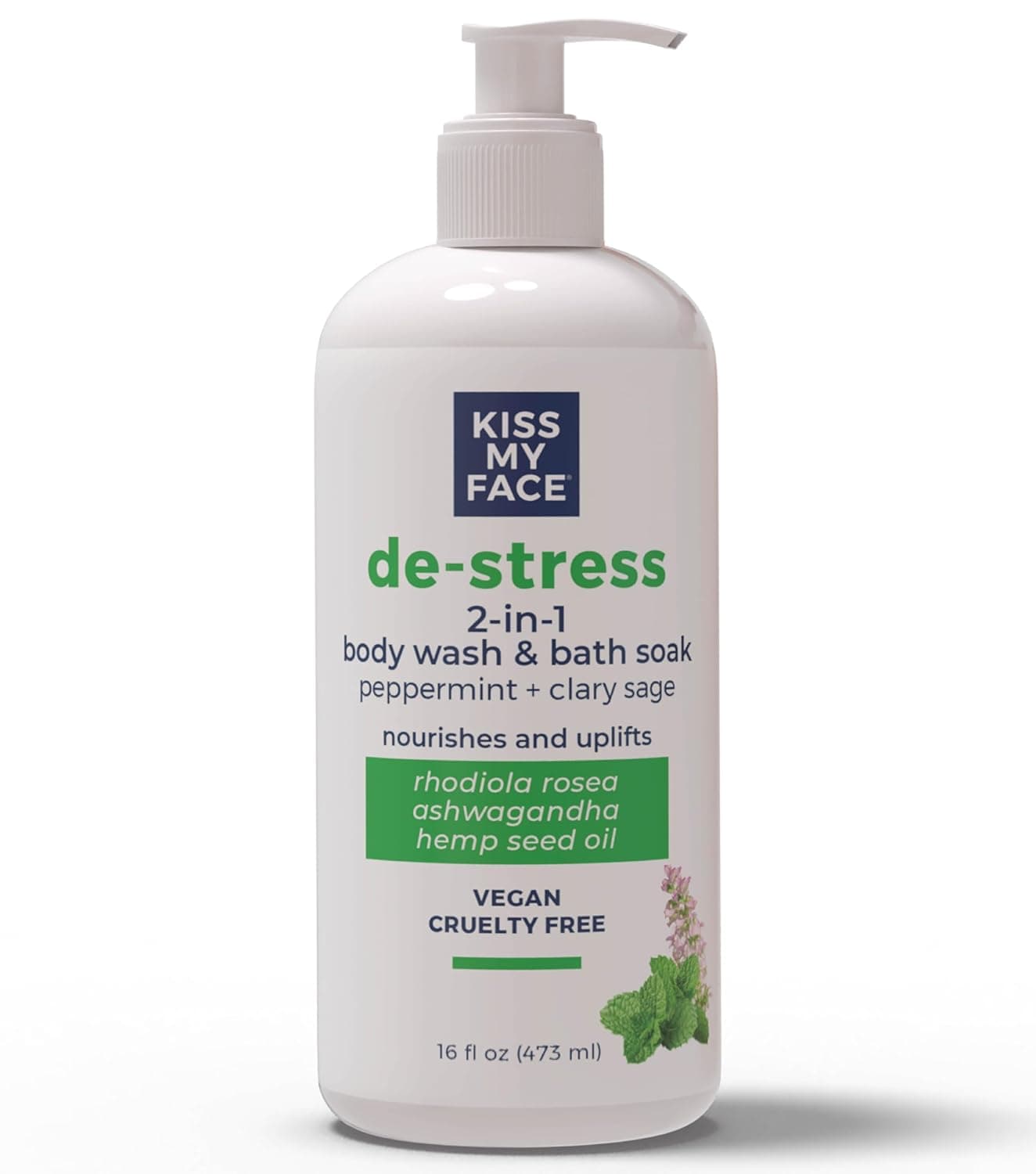 Kiss My Face DeStress 2in1 Body Wash Bath Soak Peppermint Clary Sage Botanical Blend Vegan and Cruelty Free With added Rhodiola Rosea Hemp Seed Oil and Ashwagandha 16 fl oz Bottle