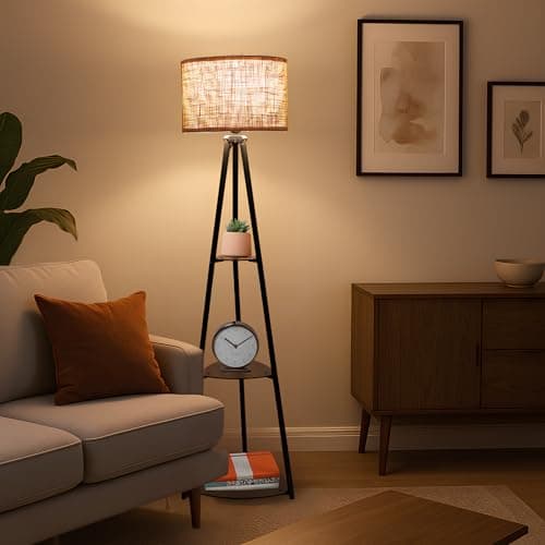 AKWAY Bamboo Tripod Floor Lamp for Living Room Cane Floor Lamp for Home Rattan for Living Room Standing Lamp Wooden Floor Standing lamp for Bedroom (Bulb Not Included) (Tripod Shelf Jute 12"x8")