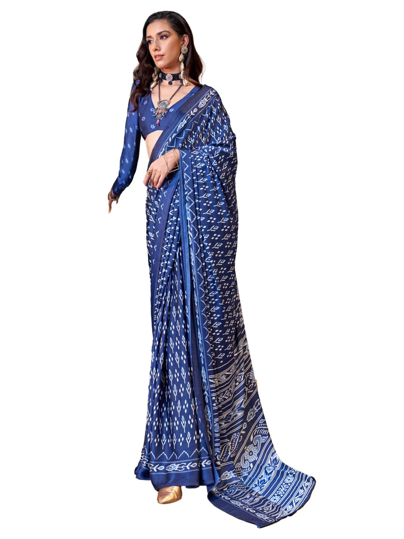 SAREE MALL Women's Dark Blue Crepe Bagru Printed Saree With Unstitched Blouse Piece (KONZAI405004_RJ)