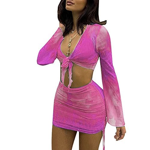 SHESEEWORLD Women's Sexy Long Sleeve 2 Piece Sheer Mesh Cover Up Dress Crop Top Bodycon Ruched Mini Skirt Sets