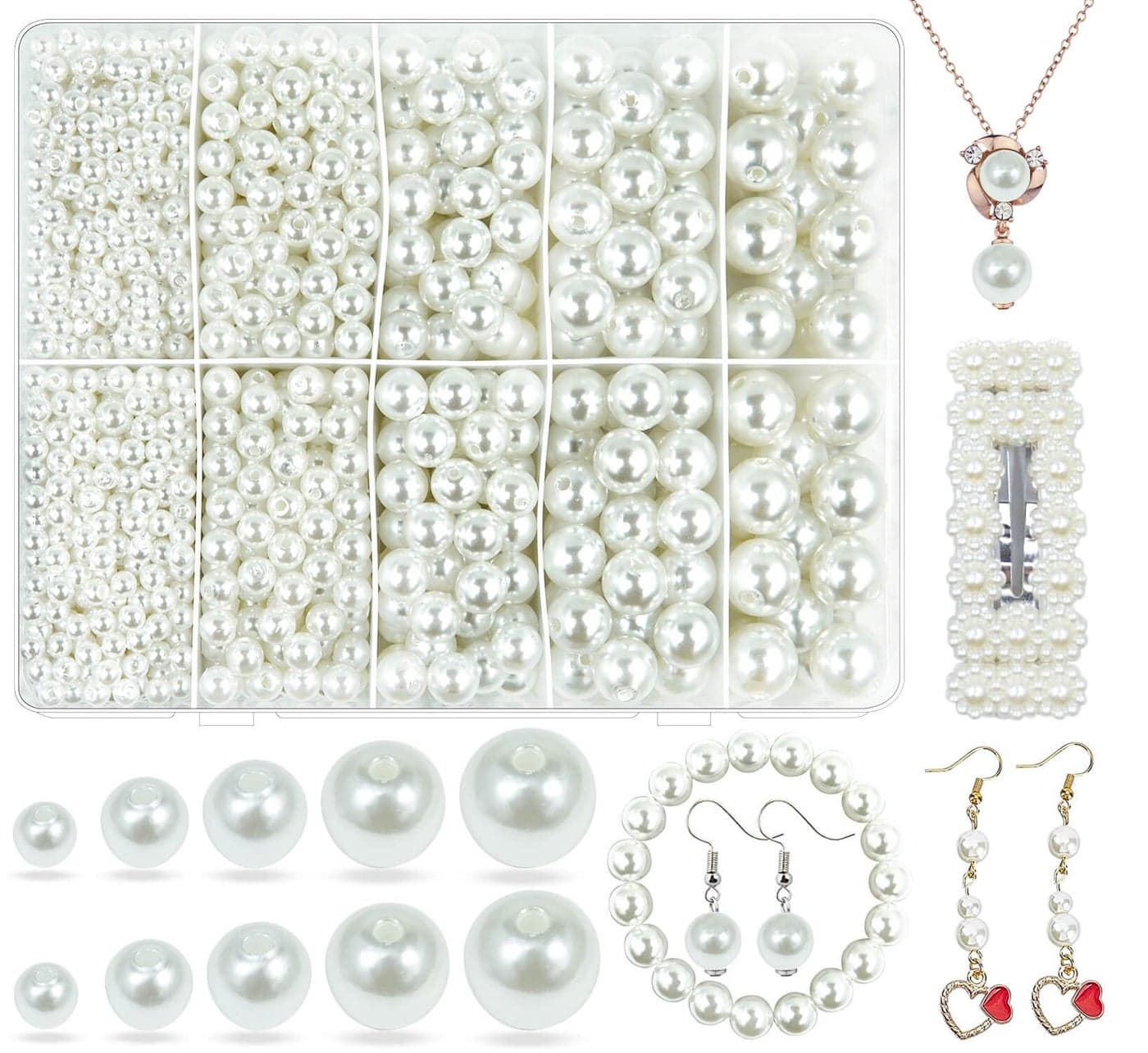 White Pearl Beads for Jewelry Making, Wavlakth 1750pcs Ivory Pearl Craft Bead with Hole 4mm 6mm 8mm 10mm 12mm Loose Spacer Bead for Necklace Bracelet Earrings Ring Choker Wedding Dress Decor (Ivory)
