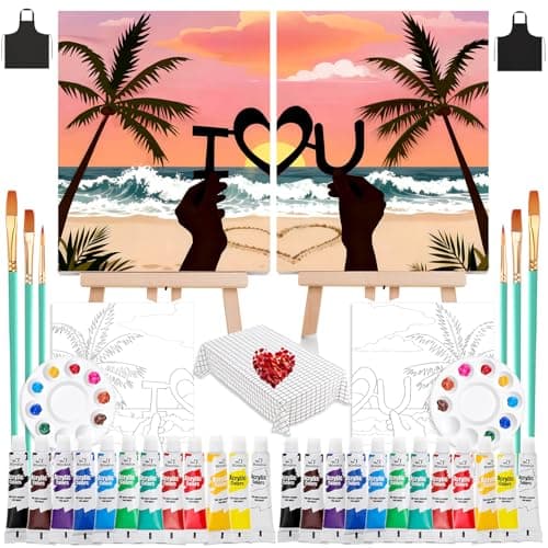 QUANWAISJ 2 Sets 10x12 Couples Painting Kit Date Night, Sip and Paint Kit for Adults with Pre-Drawn Canvas (Easels Included), Perfect for Date Night Painting and Sip Parties (Love)