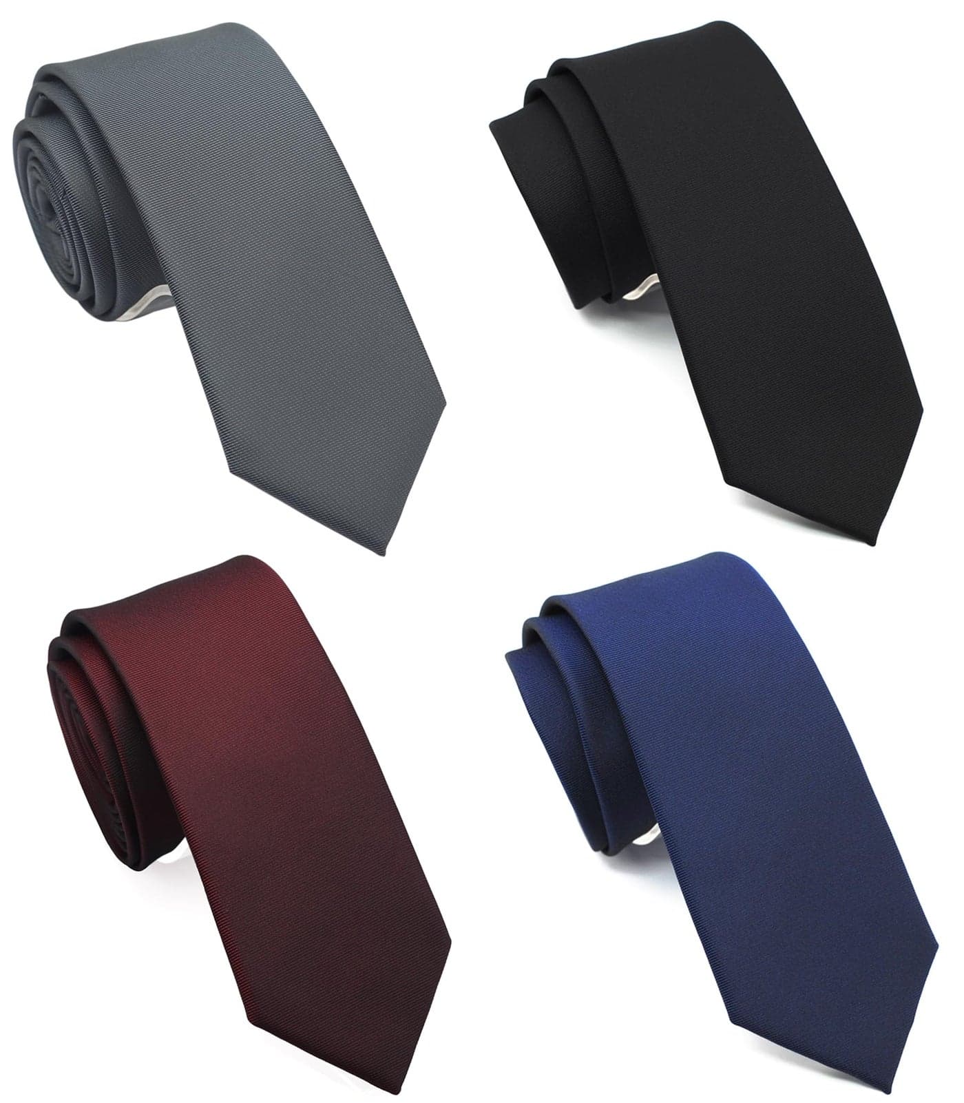 ZENXUS 2.5 inch Skinny Ties for Men, Solid Slim Ties, Basic Colors Ties Assorted, Black Tie, Navy Blue Tie, Burgundy Tie, Gray Tie, 4-Pack