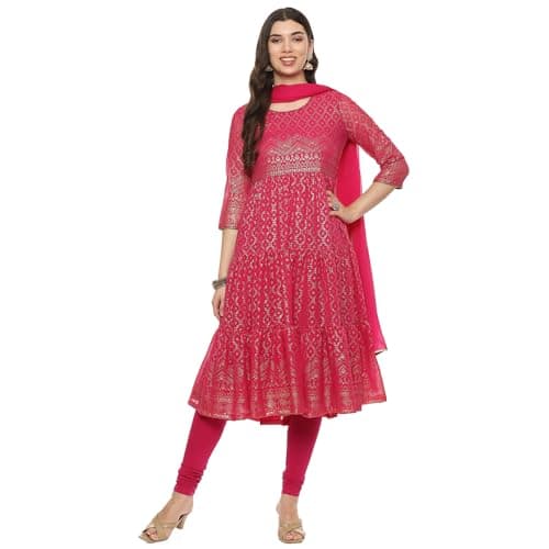 BIBA Women's Cotton Blend PRINTED ANARKALI SALWAR KURTA DUPATTA(SKDGOLD MUR9143_FUCHSIA_36), Large