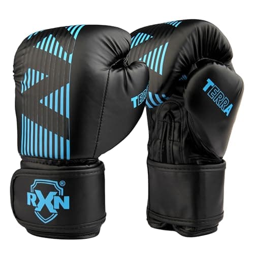 RXN Terra Boxing Gloves, Pro Training & Sparring, Maya Hide Leather, Muay Thai, MMA, Kickboxing, Men & Women, Heavy Punching Bag, Focus Mitts & Pads, Ventilated Palm, Padded (Black/Blue, 16oz)