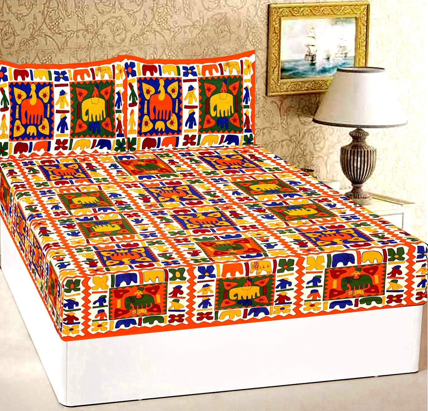 RajasthaniKart® Pure 100% Cotton Double Bed Sheet with 2 Pillow Covers (Bedsheet for Double Bed Cotton, Orange Citi Hathi Jaipuri, King Size,734)